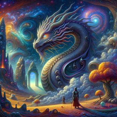Primary subject: A dragon with a human figure walking in front of it.

Setting/background: A fantasy world with a sky background, featuring a dragon, a human figure, and a tree.

Visual style: Digital art.

Colors and mood: The image is colorful and has a whimsical, fantasy mood.